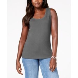 Karen Scott Charcoal Heather Cotton Studded-Neck Shell XS